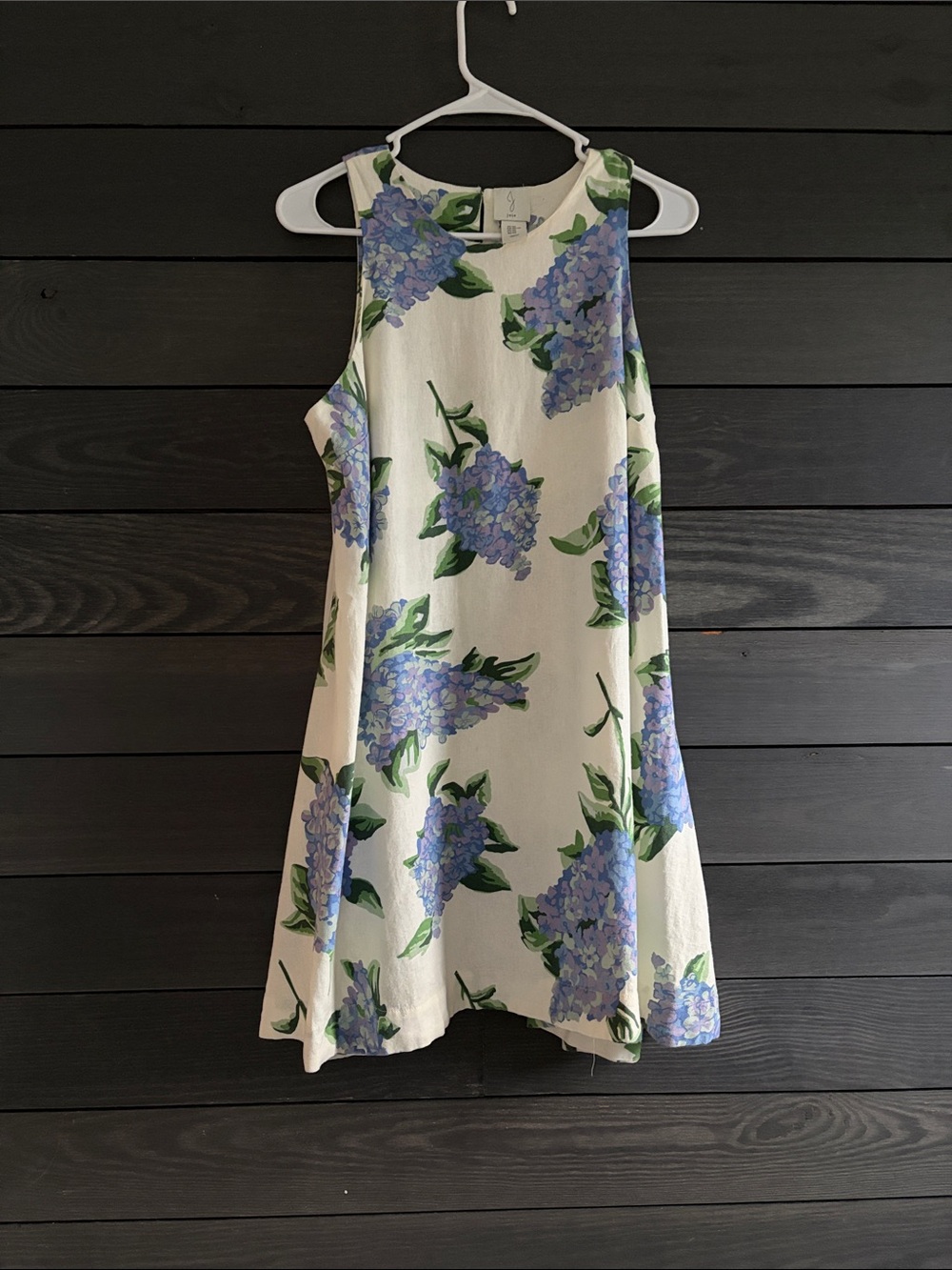 Linen Cream Floral A-Line Dress with Blue Hydrangea Print